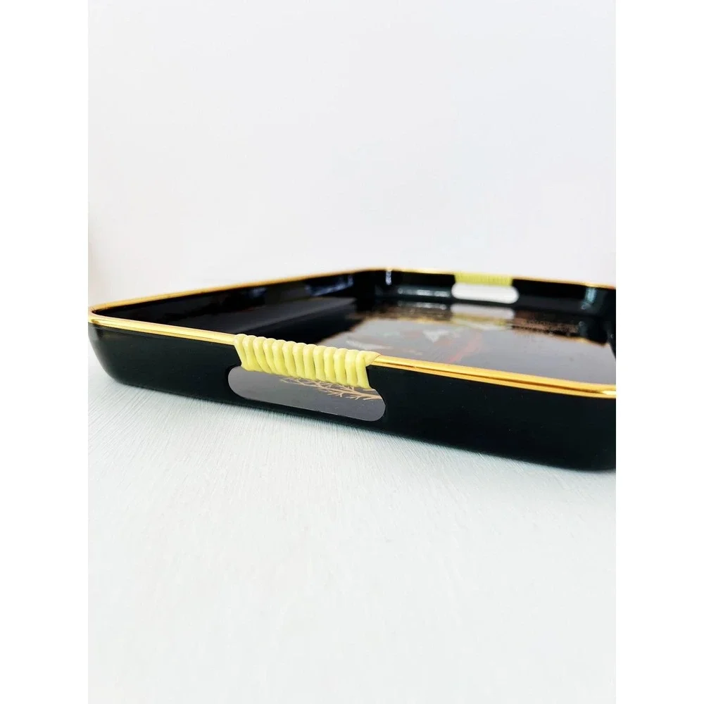 Japan Lacquerware Serving Tray Black Gold Mallard Ducks Nature Scene Shaddy